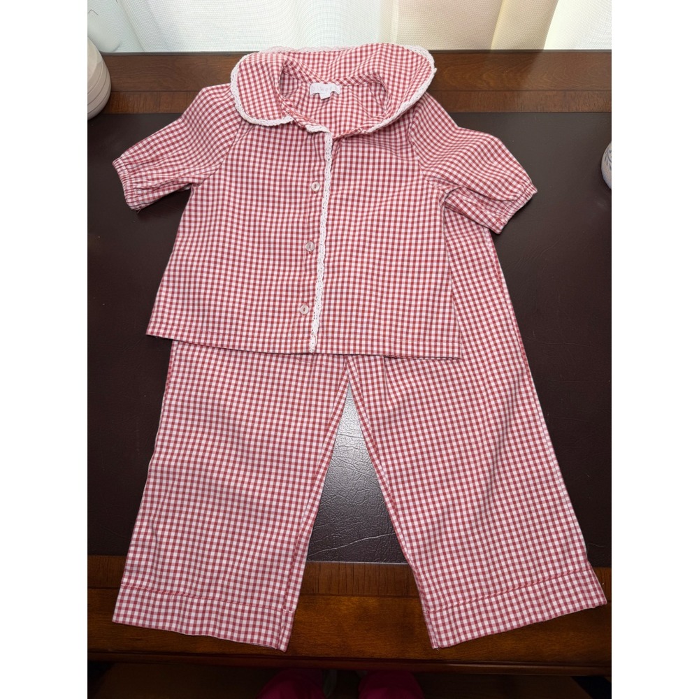 btween Girls Red Gingham Pajama Set Lace Trim Peter Pan Collar 2pc Size 4T
